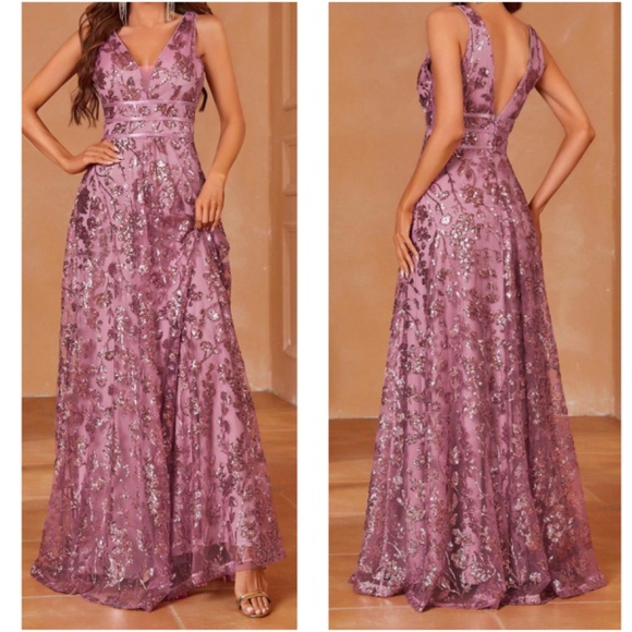 Luxe Floral Sequin Mesh Formal Black Tie Wedding Dress - Picture 1 of 12